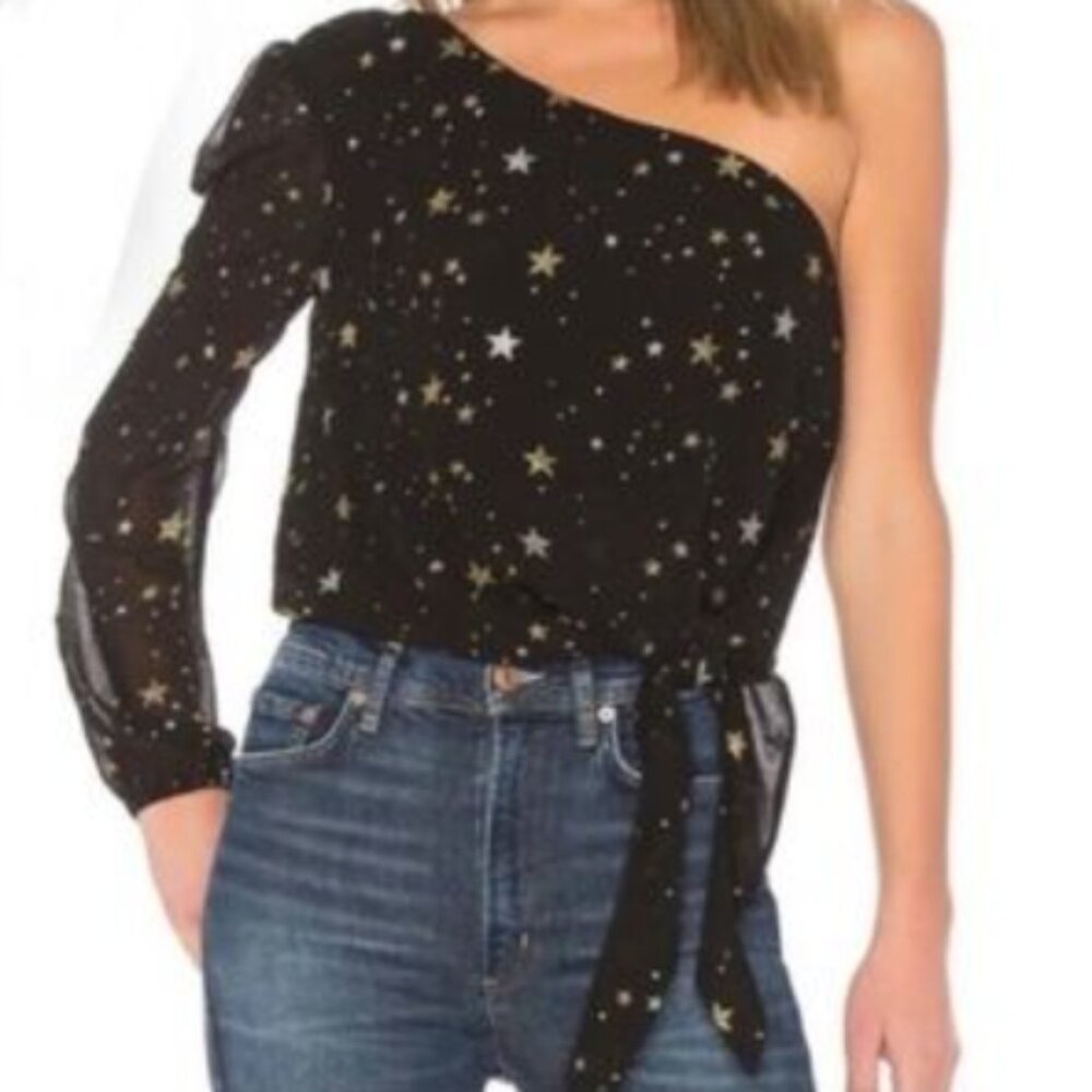 Lovers + Friends size XS Black Star Metallic One Shoulder Tie Hem Top Romantic‎